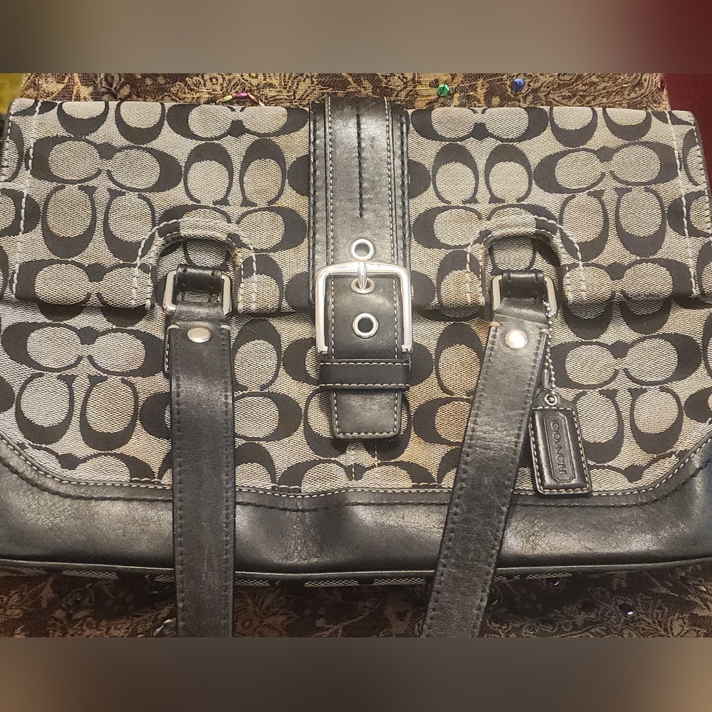 Coach Signature Canvas Shoulder Bag in Black and Cream